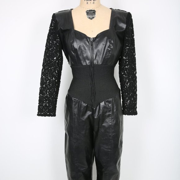 80s 90s Vintage Black Leather & Lace Jumpsuit